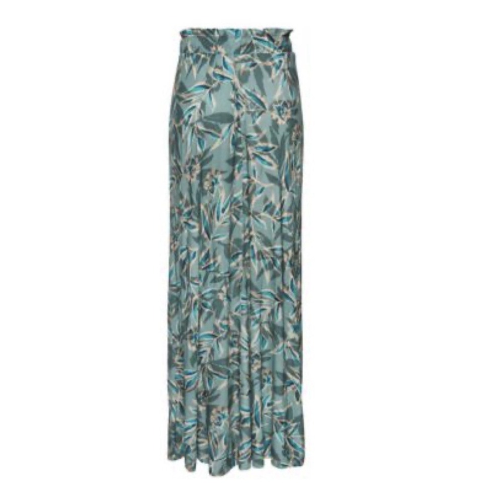 Lascana (NEW) Tropical Leaf Print Maxi Skirt Teal Blue Paperbag Waist Slit NWT - Picture 2 of 12